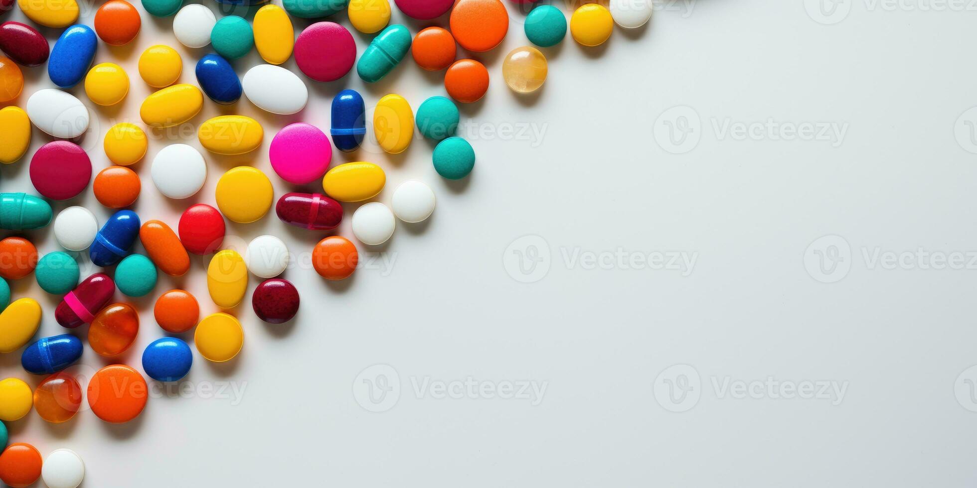 pills on white background, top view, space for text. Generative AI photo