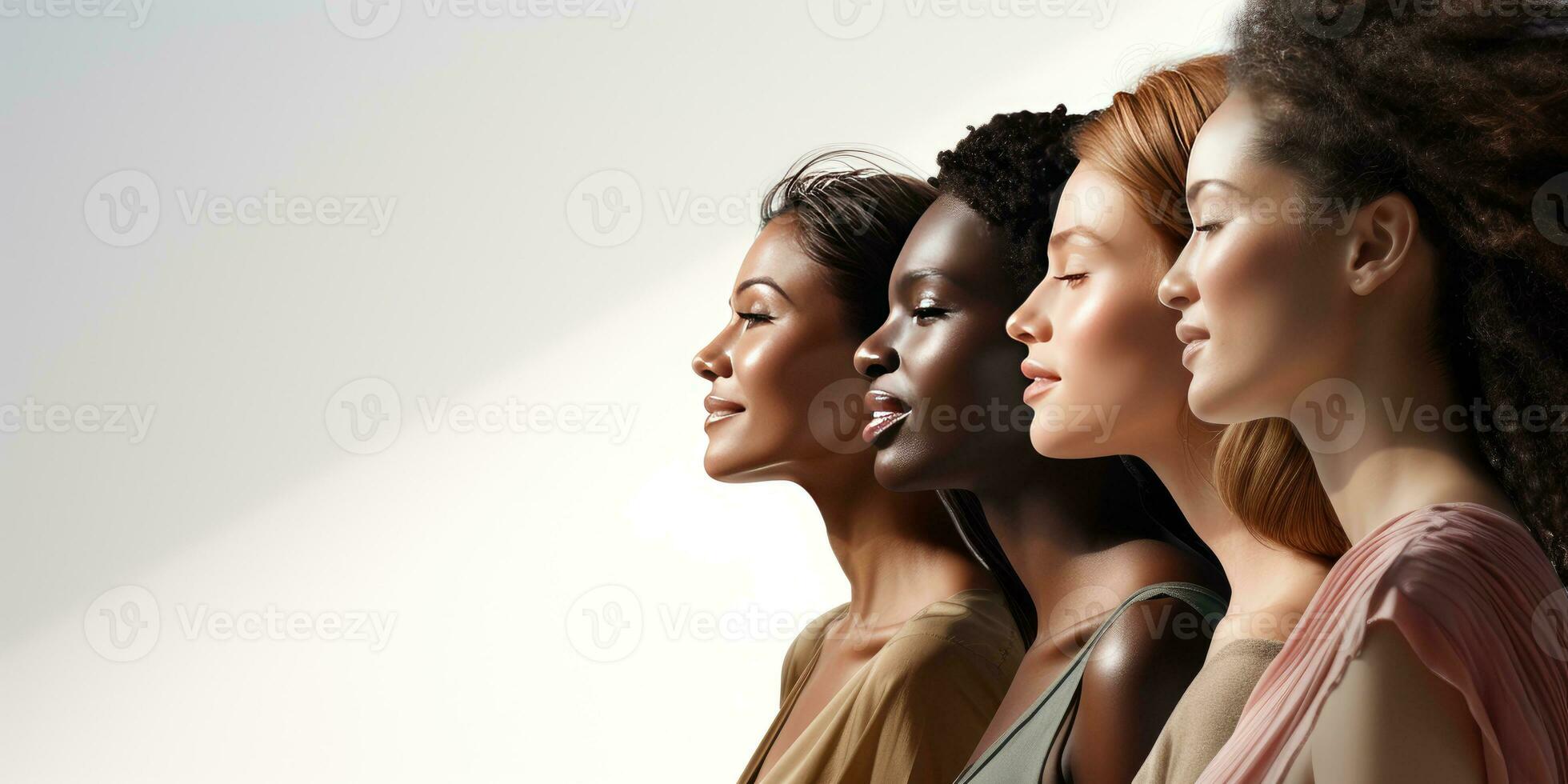 Portrait of women of different nationalities on a light background. Generative AI photo
