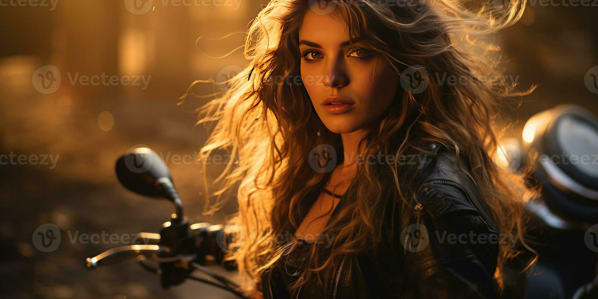 Woman on a motorcycle close-up. Generative AI photo