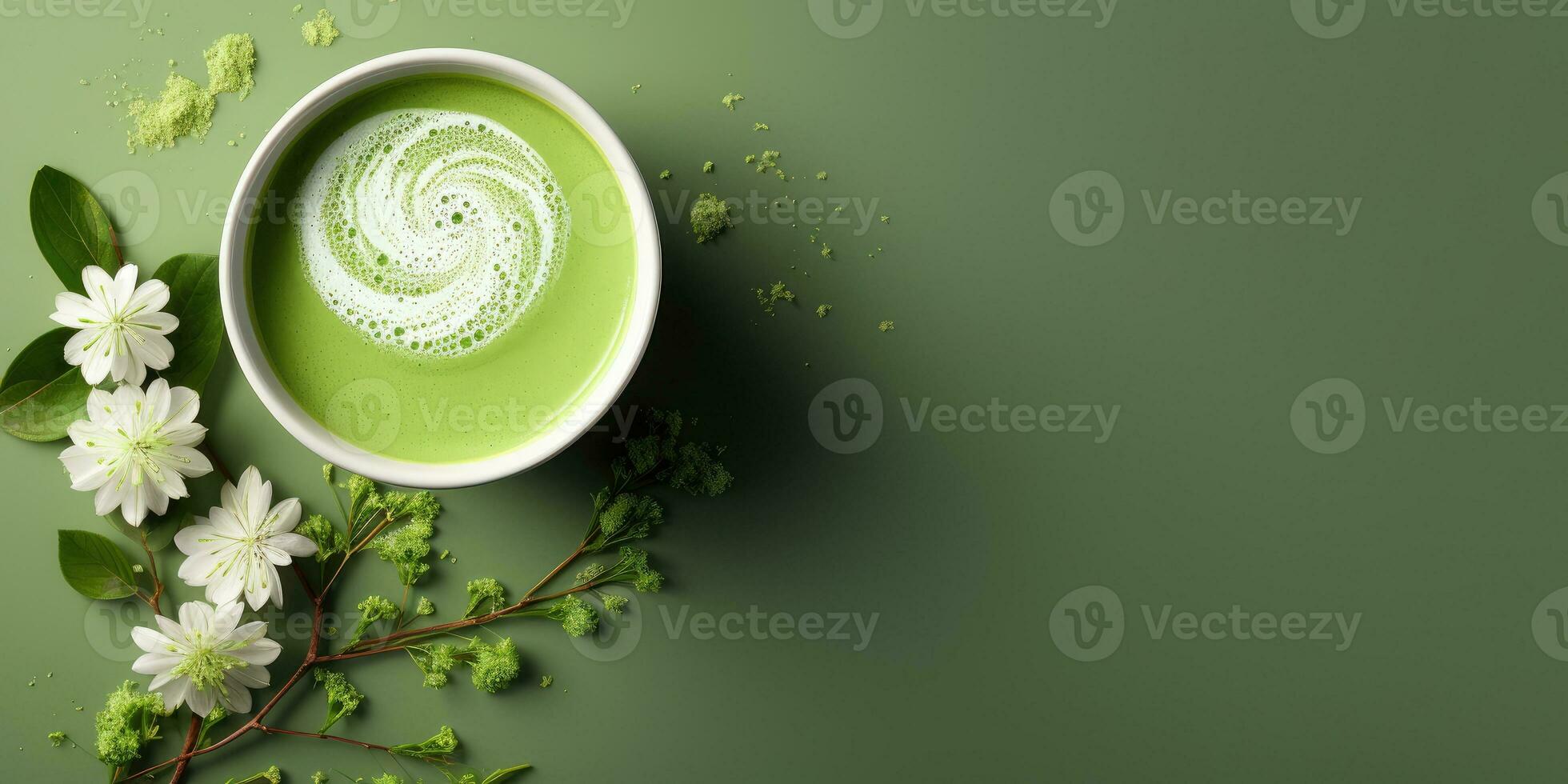 Fragrant matcha tea on the table.Banner. Generative AI photo