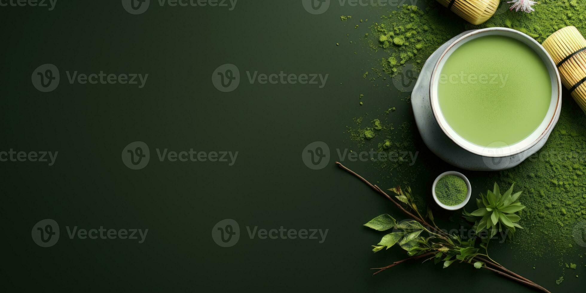 Fragrant matcha tea on the table.Banner. Generative AI photo