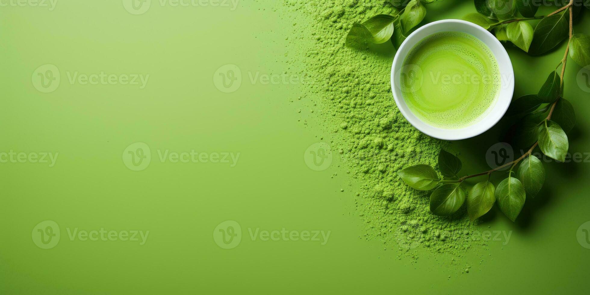 Fragrant matcha tea on the table.Banner. Generative AI photo
