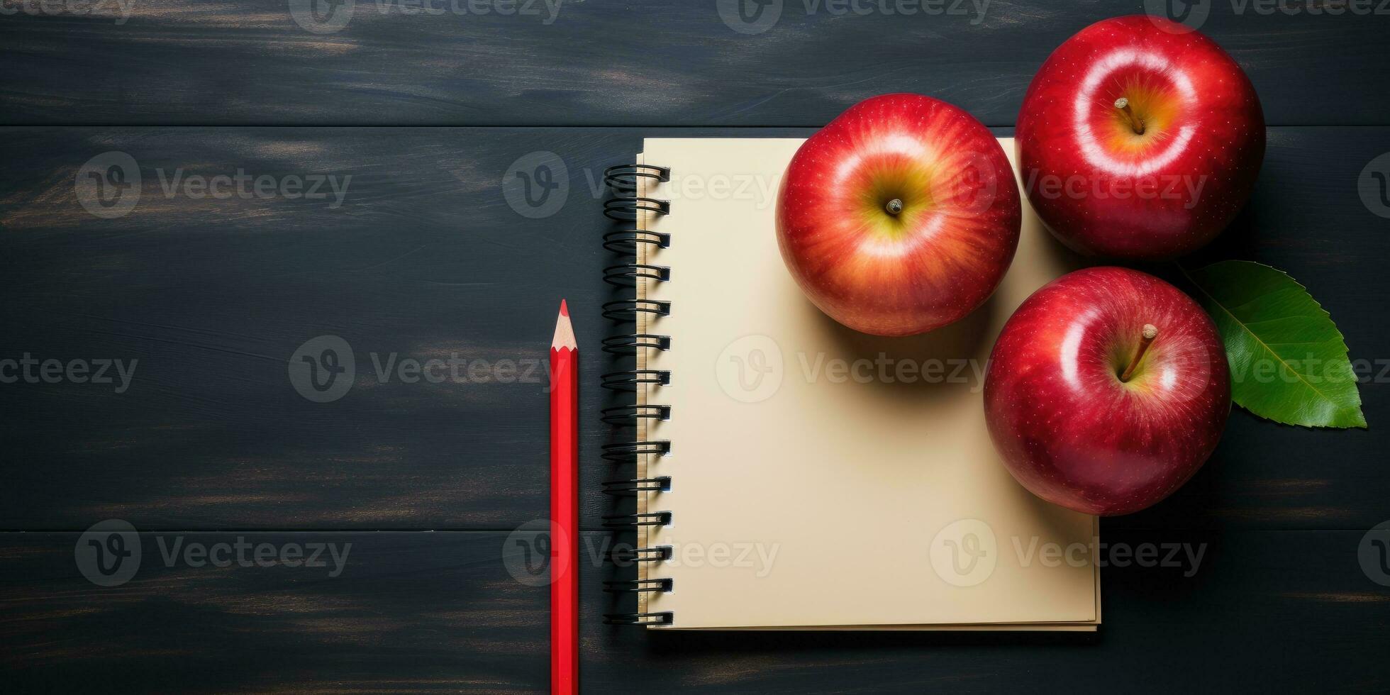 espacio para texto, espalda a escuela. bloc y manzana en el mesa. generativo ai foto