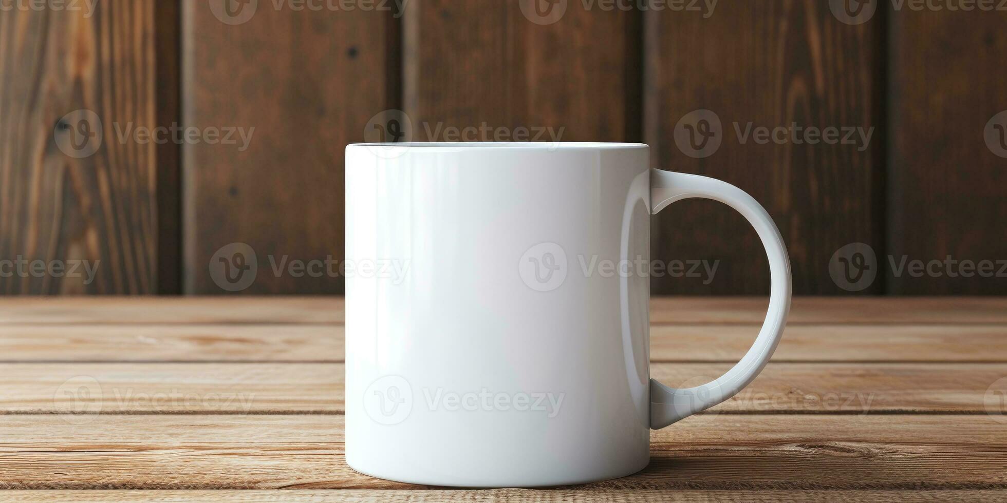 Mockup of a white cup for tea or coffee, on a wooden table. Generative AI photo