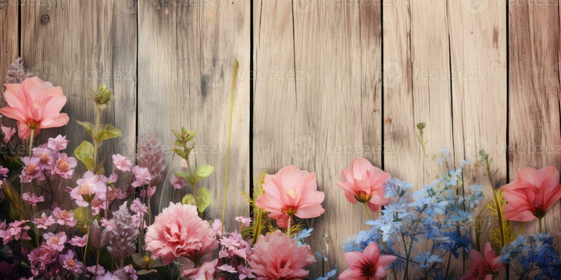 Wooden board for advertising with image of flowers in the background. Generative AI photo