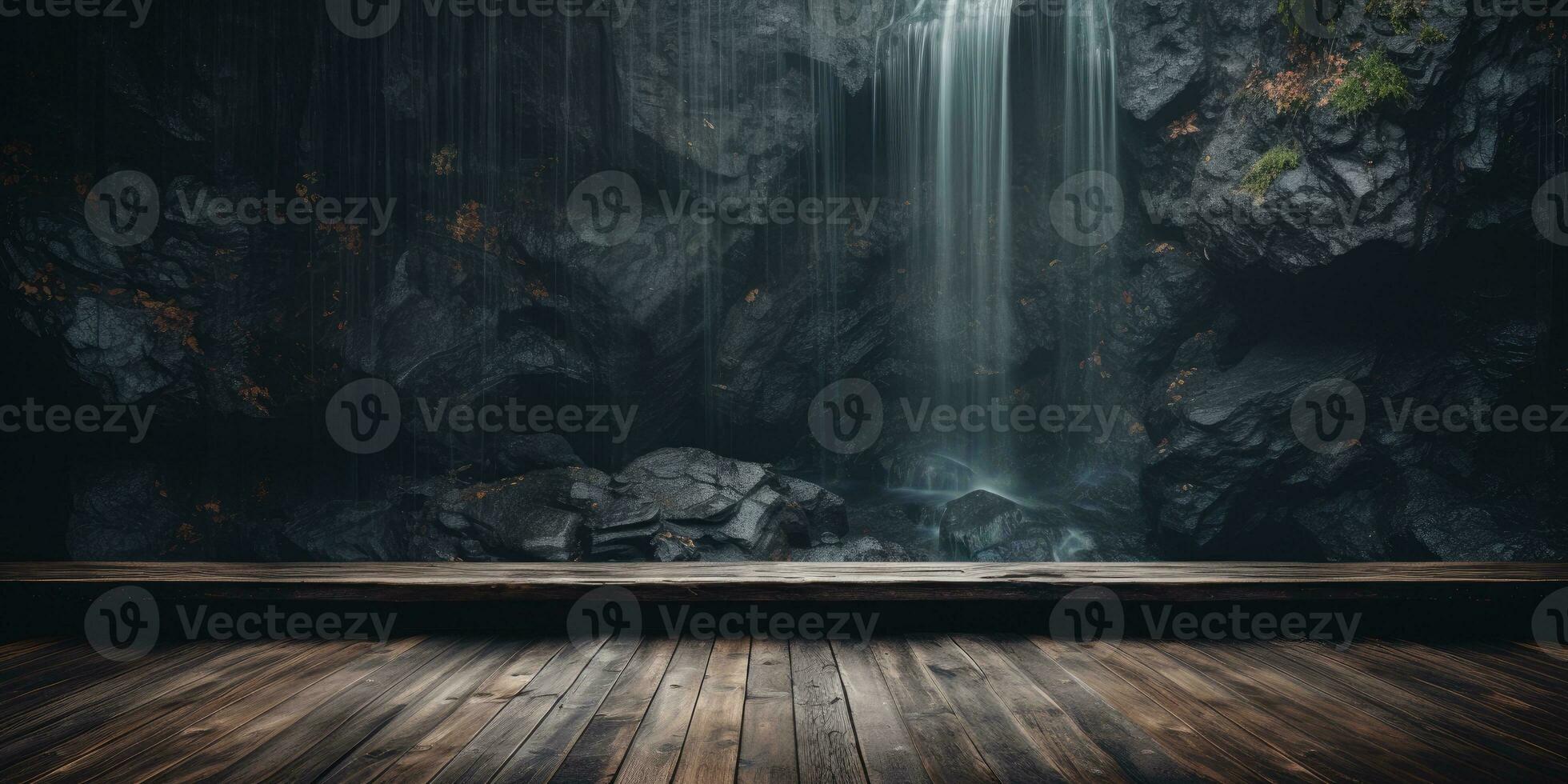 Wooden background for advertising. mountains in the background. Generative AI photo