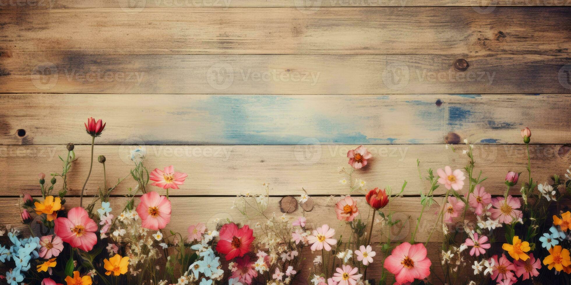 Wooden board for advertising with image of flowers in the background. Generative AI photo