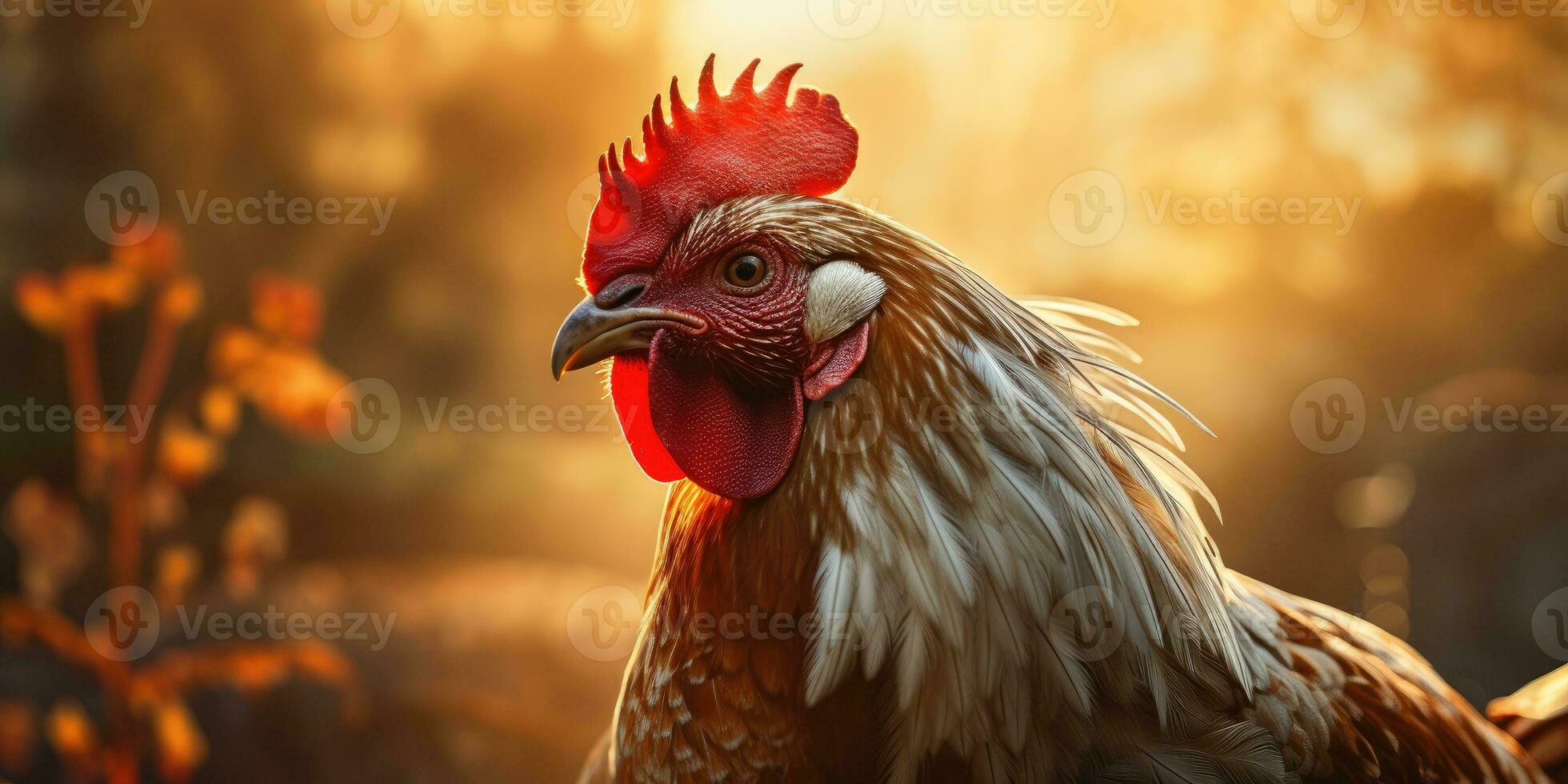 Rooster in the village against the backdrop of sunset. Rural life concept. Generative AI photo