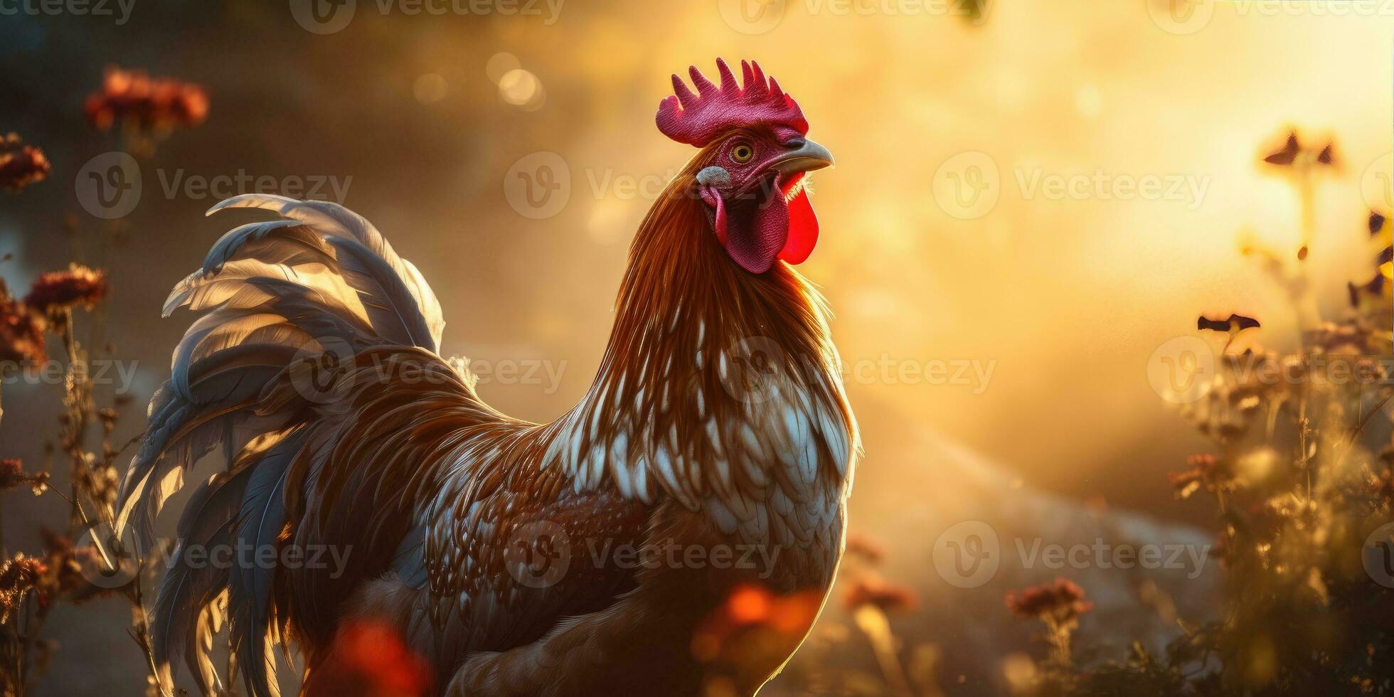 gallo en el pueblo en contra el fondo de puesta de sol. rural vida concepto. generativo ai foto