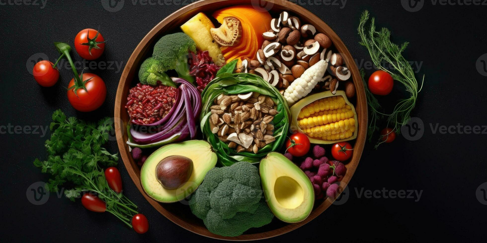Vegetables on a dark background. Generative AI photo