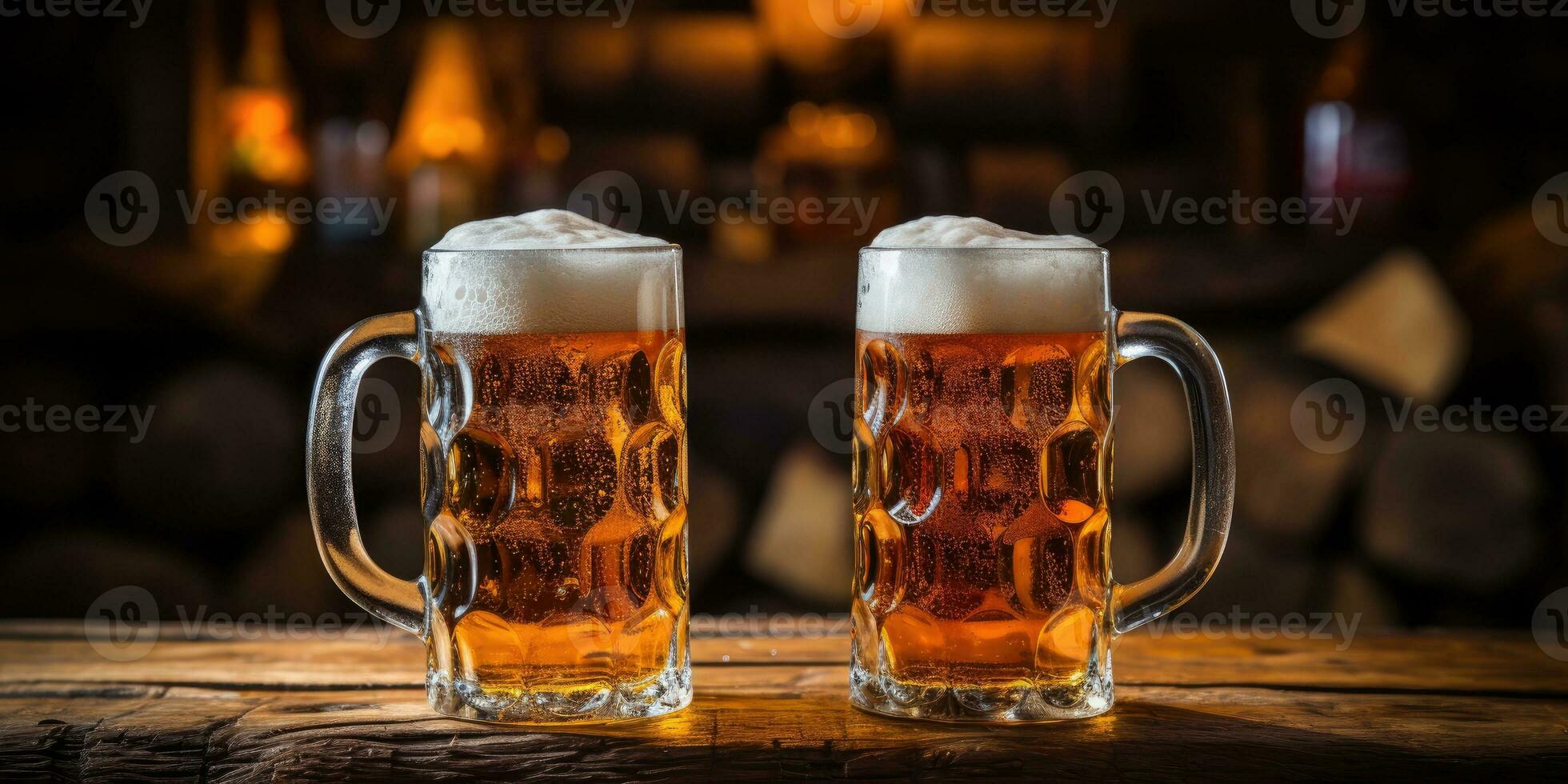 Beer mugs on a wooden background close-up. Generative AI photo