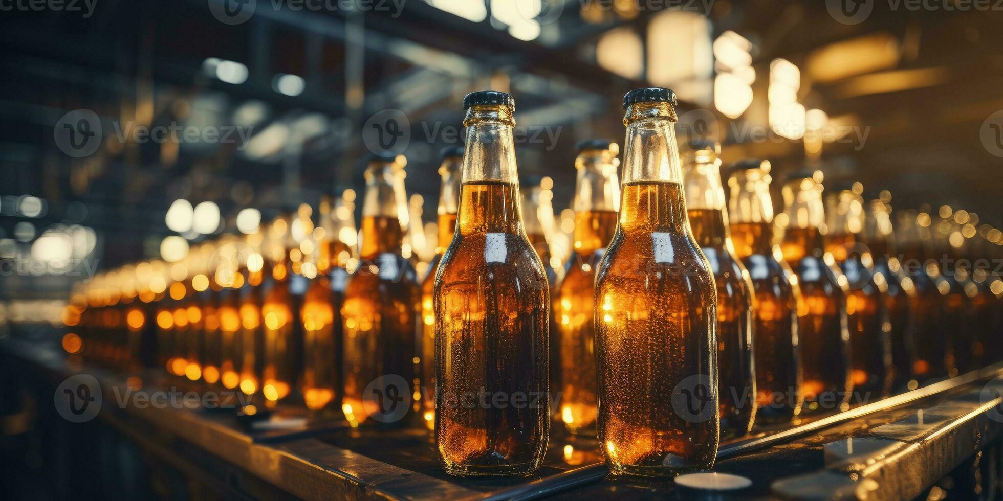 Glass bottles at the factory. Beer factory. Generative AI photo