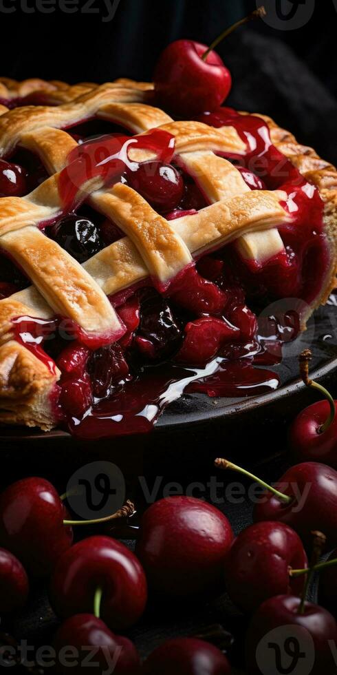 Cherry pie. Appetizing pie close-up. Cowberry. Blueberry. Generative AI photo