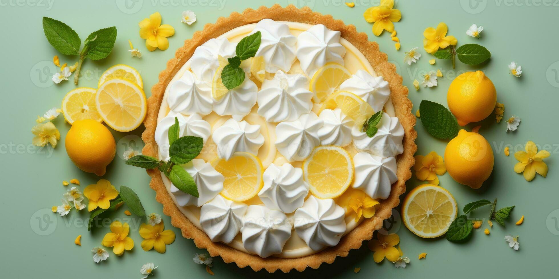 Lemon pie on a dark background. Appetizing pie close-up. Lemons. Generative AI photo