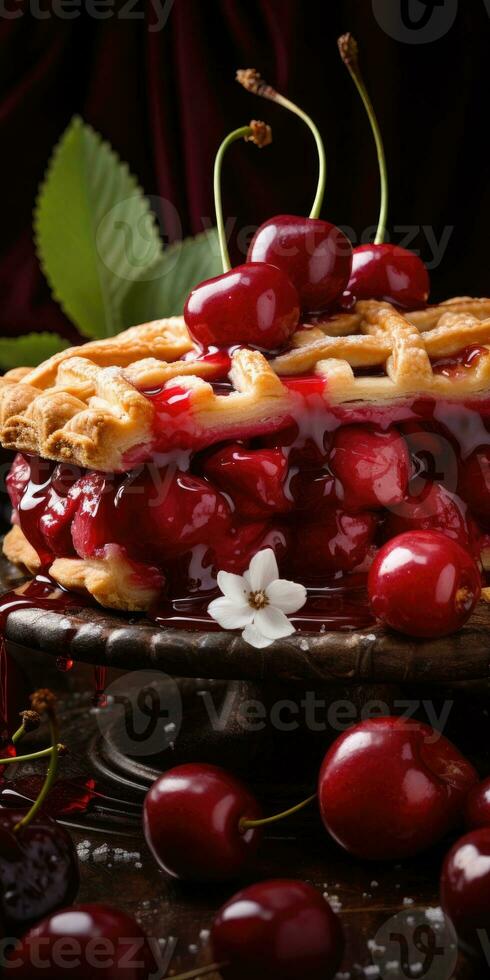 Cherry pie. Appetizing pie close-up. Cowberry. Blueberry. Generative AI photo