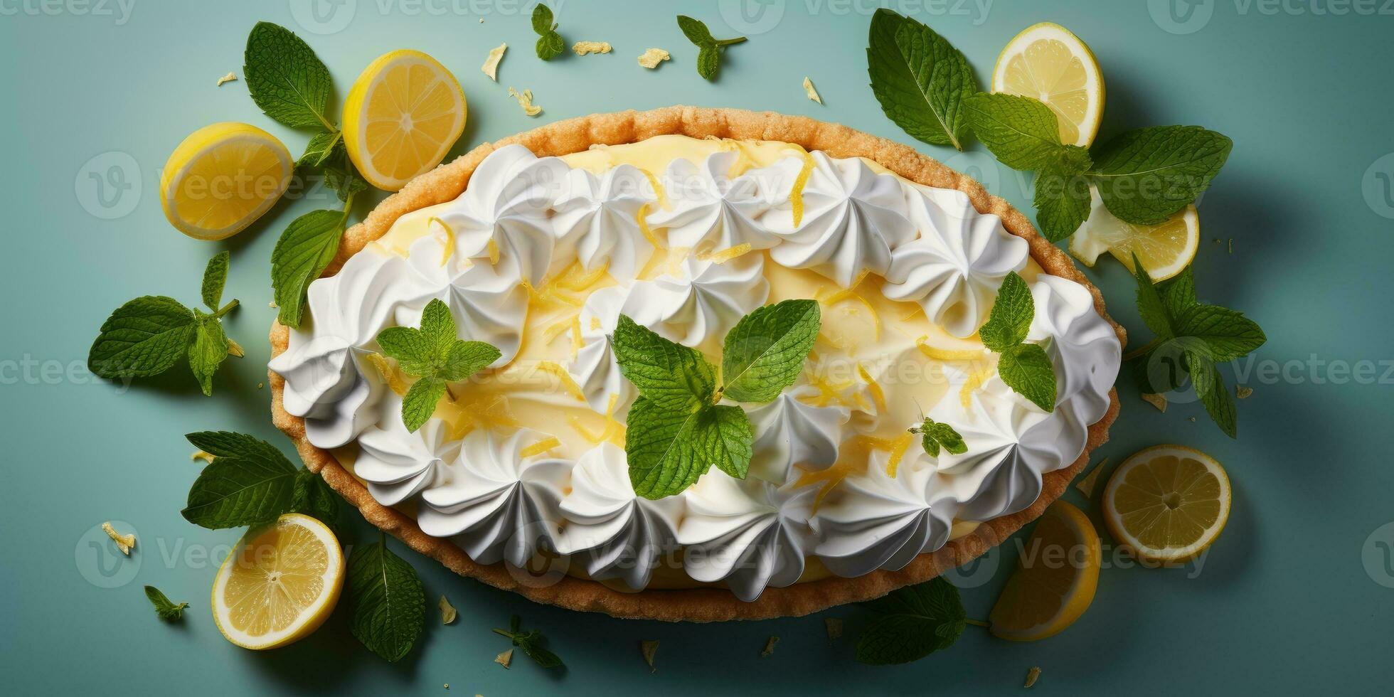 Lemon pie on a dark background. Appetizing pie close-up. Lemons. Generative AI photo