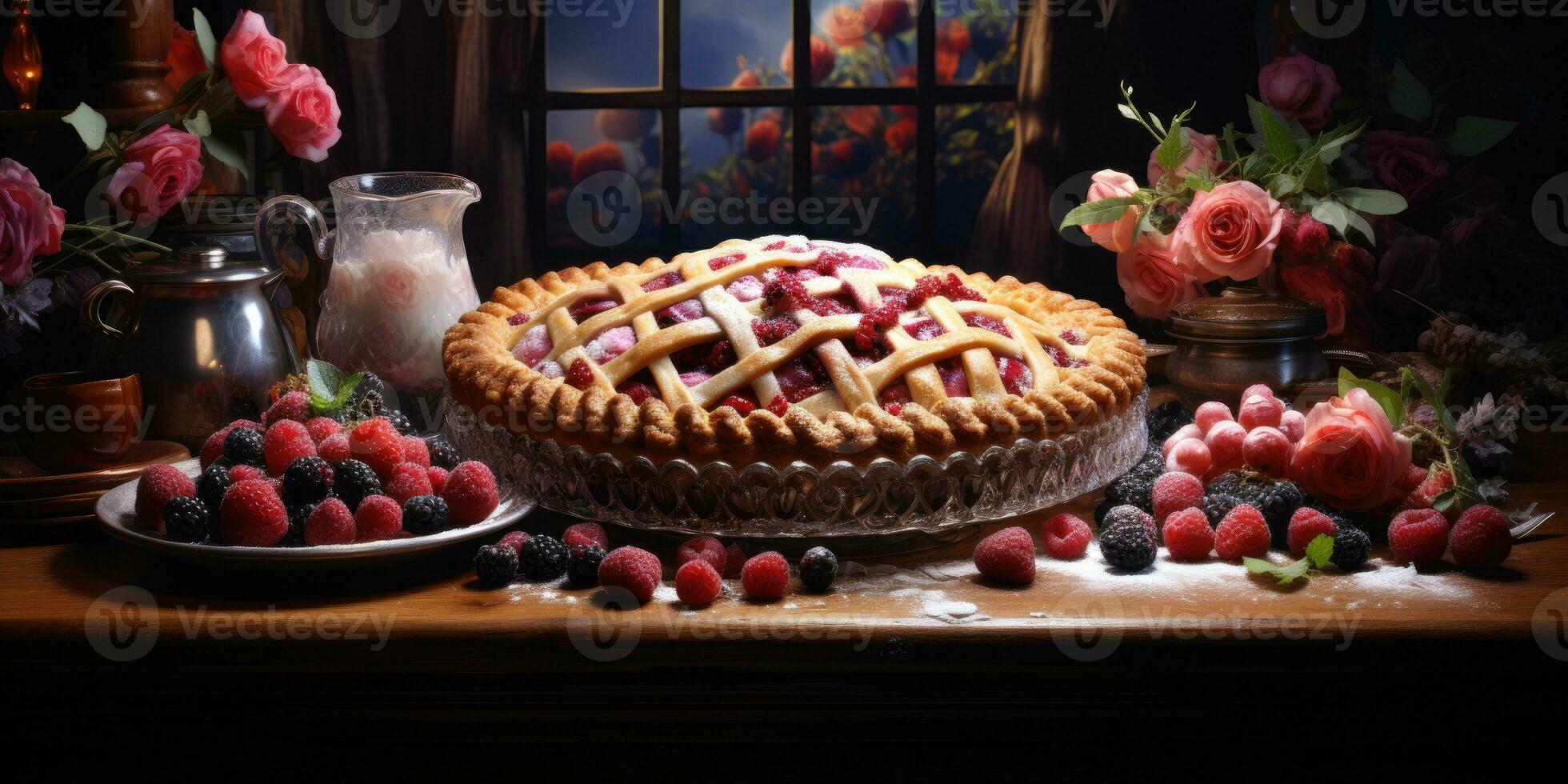 Raspberry pie. Appetizing pie close-up. Cowberry. Blueberry. Generative AI photo