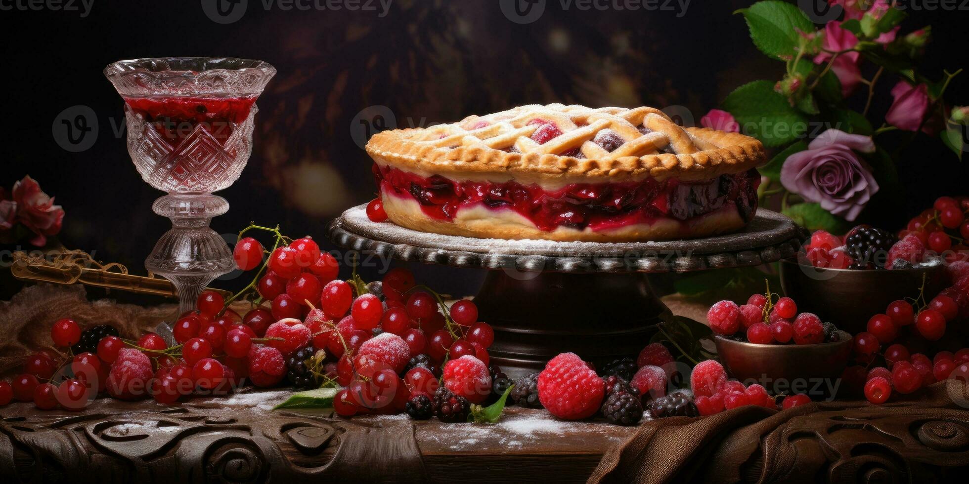 Raspberry pie. Appetizing pie close-up. Cowberry. Blueberry. Generative AI photo