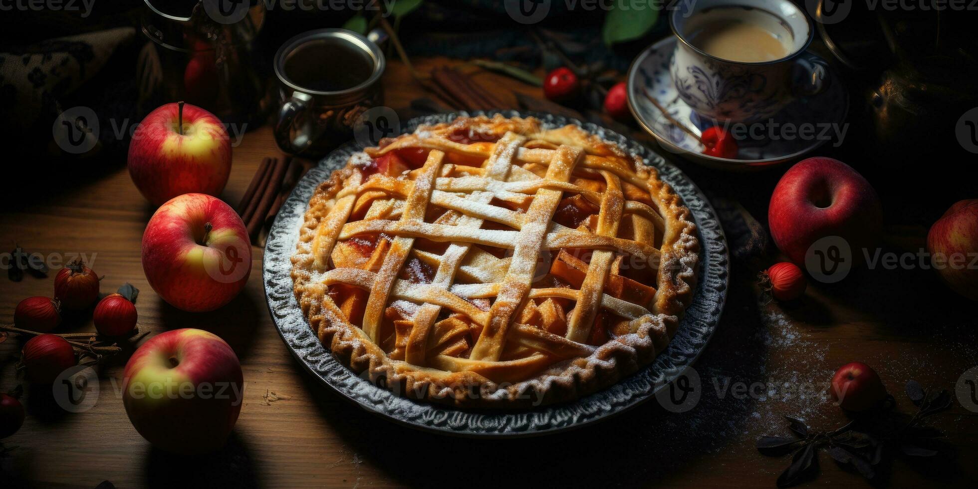 Fruit pie. Appetizing pie close-up. Sweets. Generative AI photo