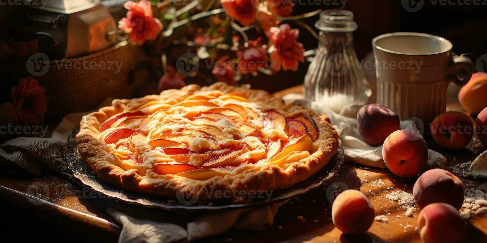 Peach pie. Appetizing pie close-up. apples, fruits. Generative AI photo