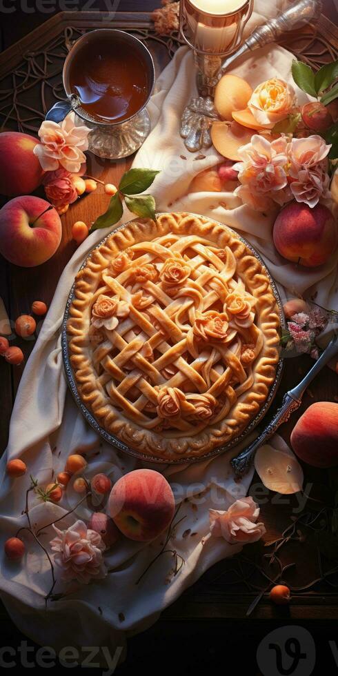 Peach pie. Appetizing pie close-up. apples, fruits. Generative AI photo