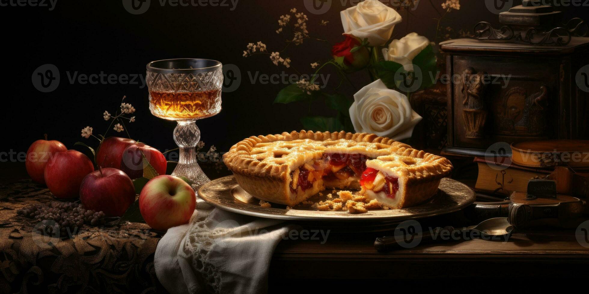 Cherry pie. Appetizing pie close-up. Fruits. Generative AI photo