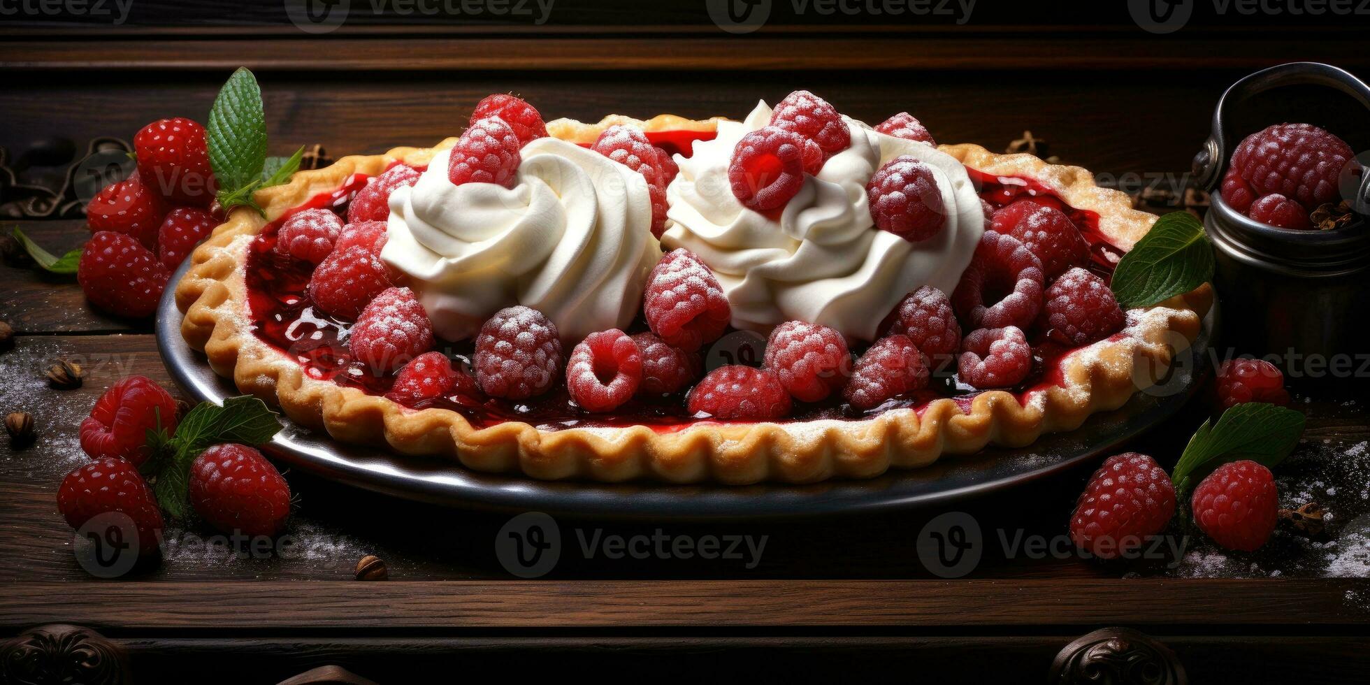 Raspberry pie. Appetizing pie close-up. Cowberry. Blueberry. Generative AI photo