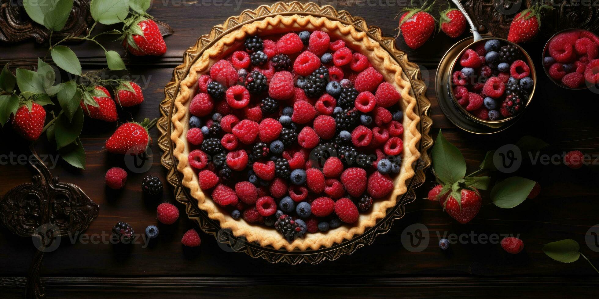 Raspberry pie. Appetizing pie close-up. Cowberry. Blueberry. Generative AI photo