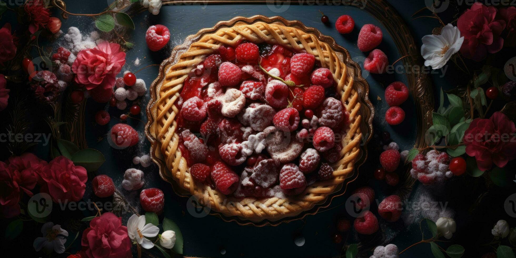 Raspberry pie. Appetizing pie close-up. Cowberry. Blueberry. Generative AI photo