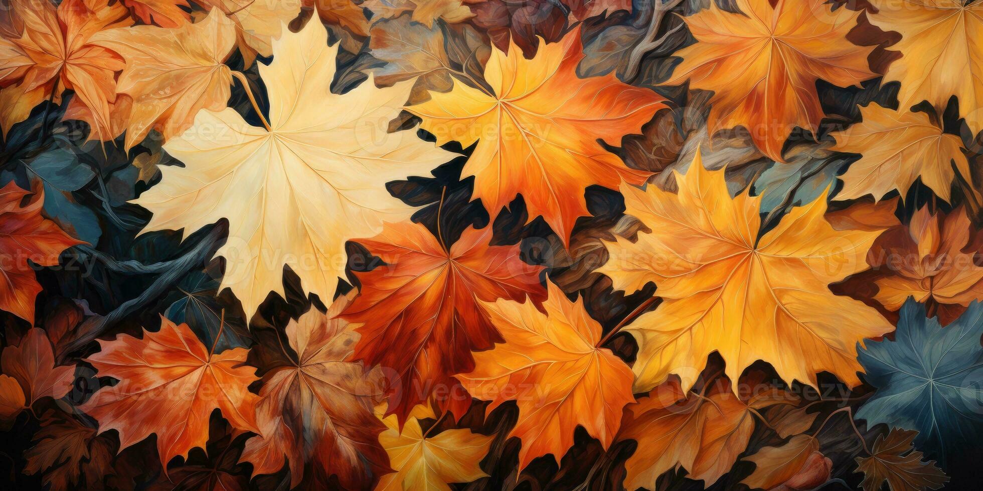 Autumn leaves, top view. Autumn background. Generative AI photo