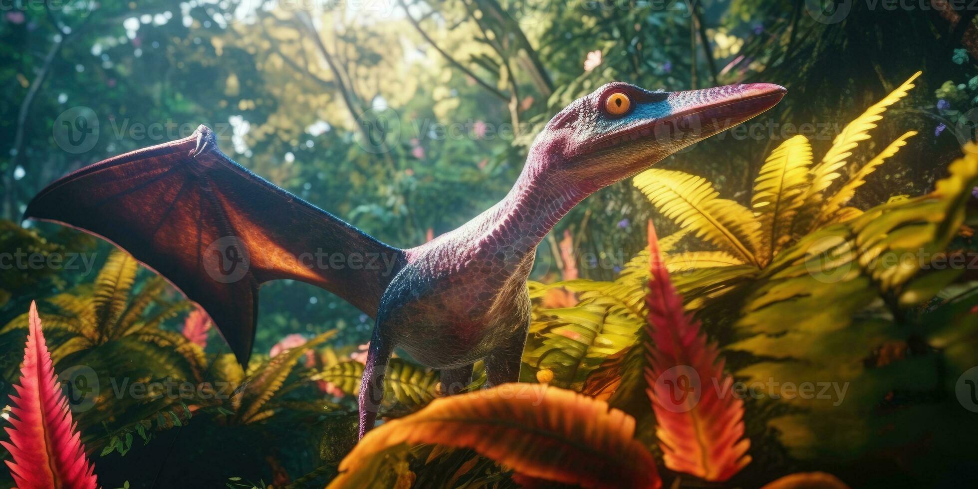 Bright Image of a pterasaur jungle. Fantasy world. Dinosaur. Generative AI photo