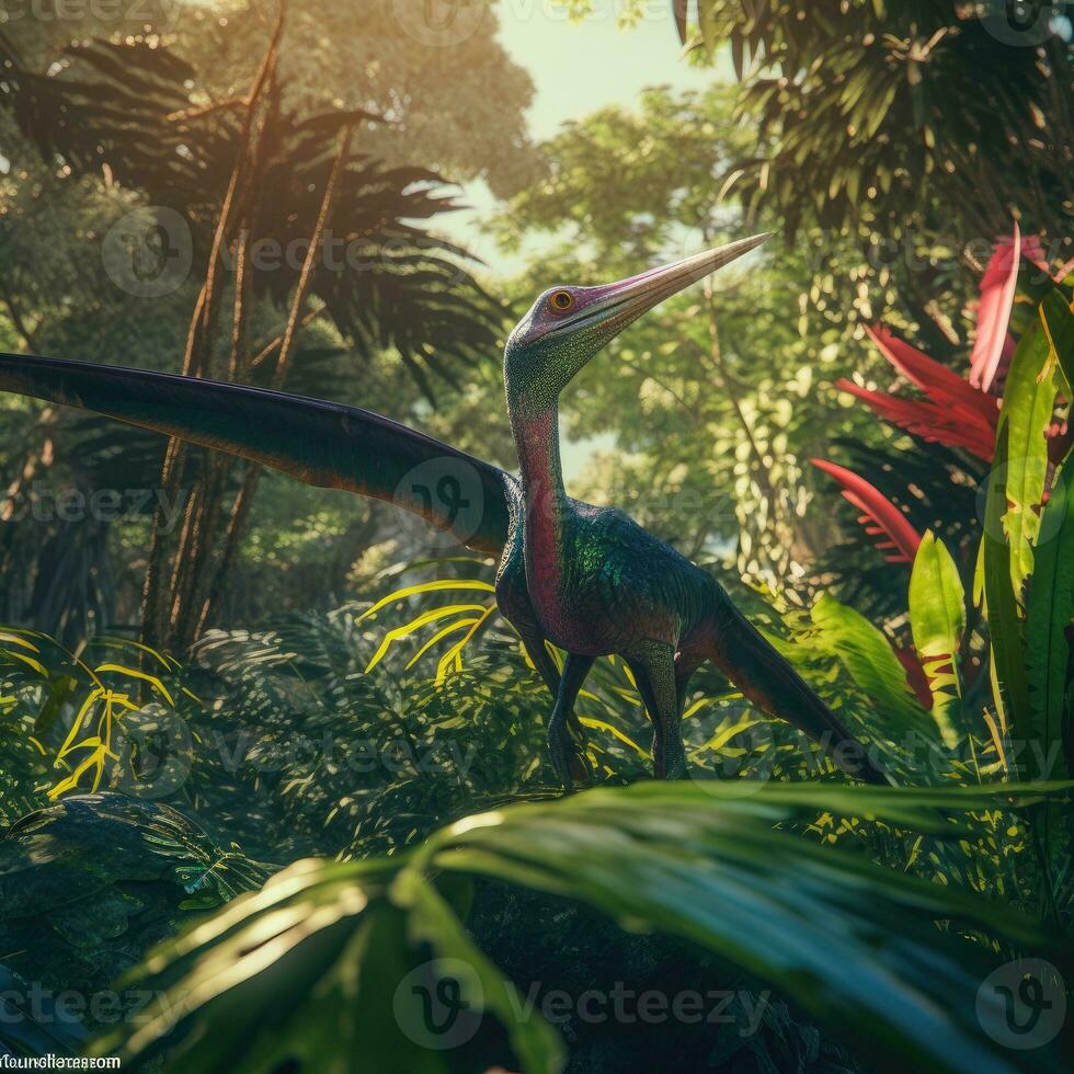 Bright Image of a pterasaur jungle. Fantasy world. Dinosaur. Generative AI photo
