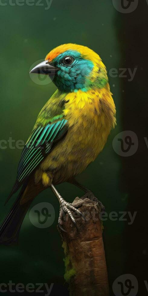 Bird green-headed oriole on a branch close-up. Generative AI photo