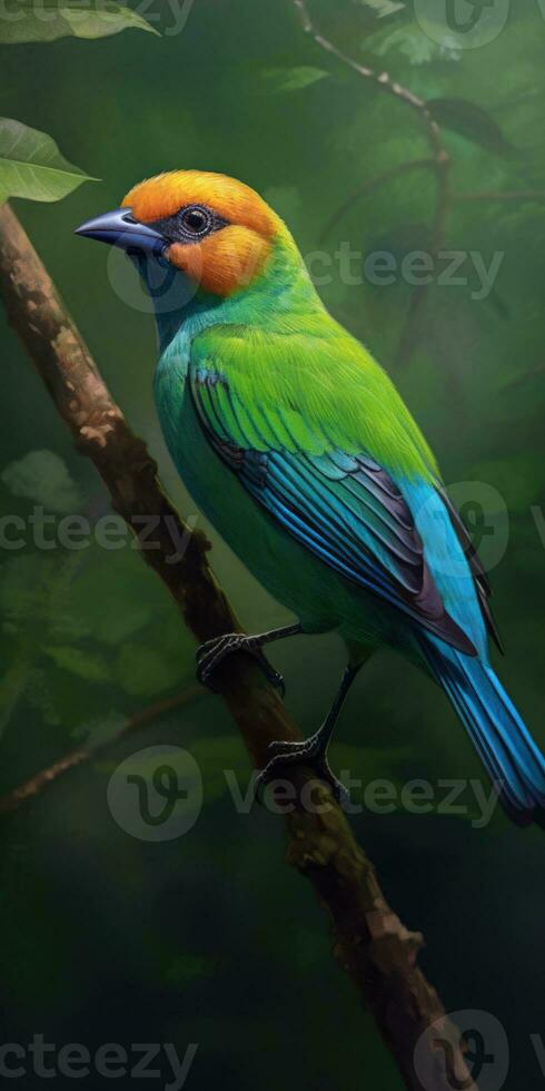 Bird green-headed oriole on a branch close-up. Generative AI photo