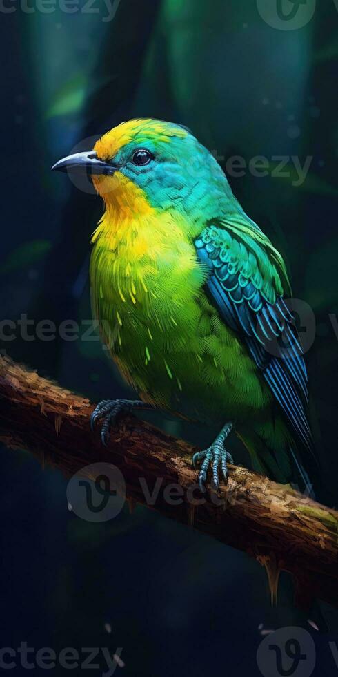 Bird green-headed oriole on a branch close-up. Generative AI photo