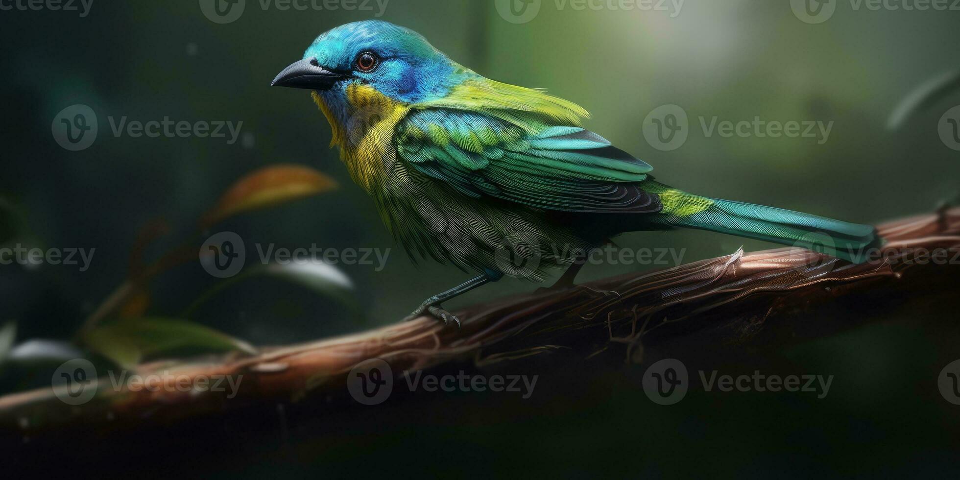 Bird green-headed oriole on a branch close-up. Generative AI photo