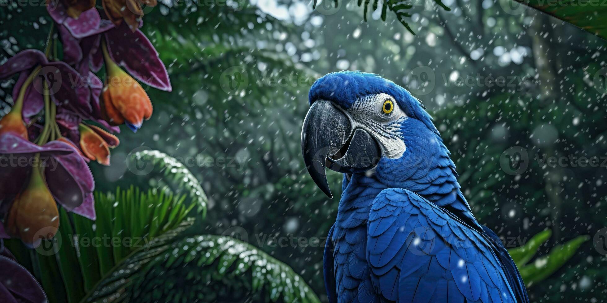 Blue macaw, parrot on a branch close-up. Generative AI photo