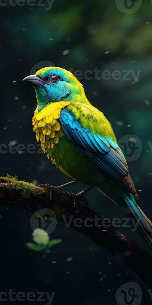 Bird green-headed oriole on a branch close-up. Generative AI photo