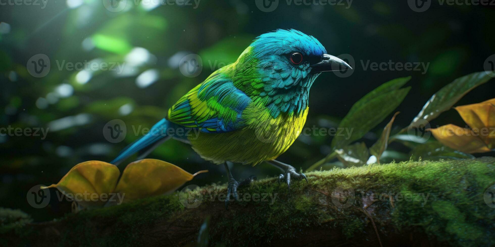 Bird green-headed oriole on a branch close-up. Generative AI photo