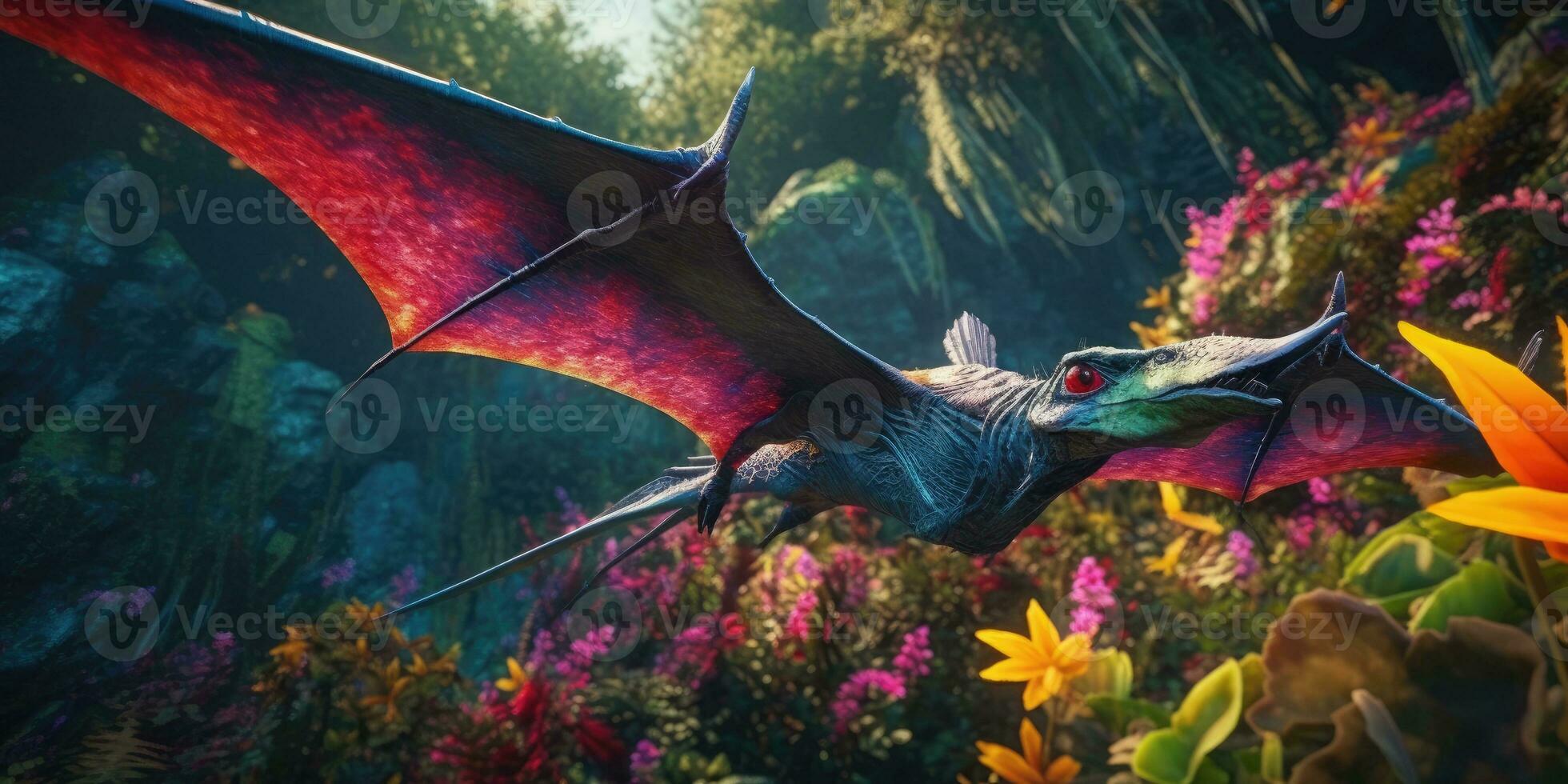 Bright Image of a pterasaur jungle. Fantasy world. Dinosaur. Generative AI photo