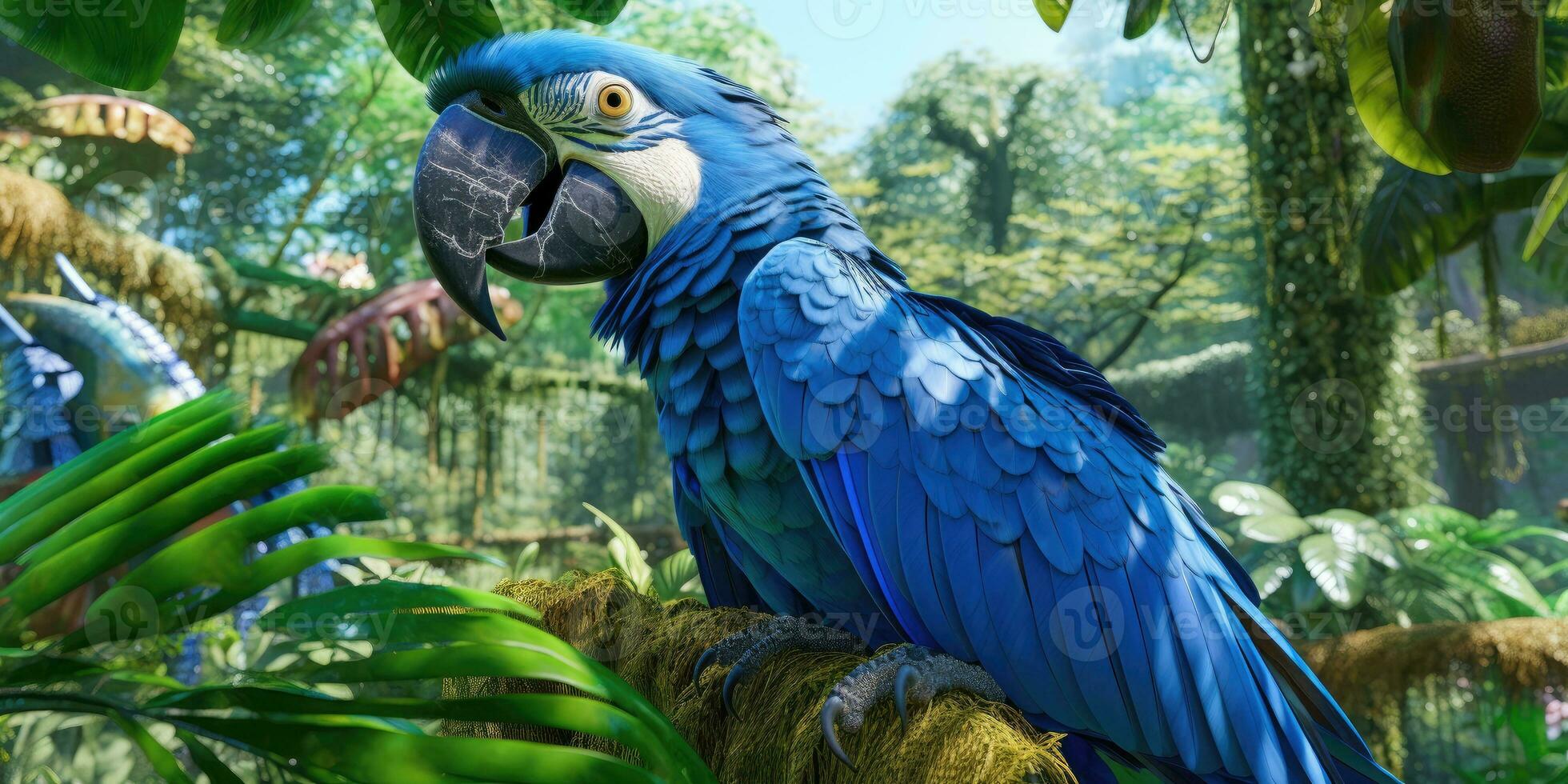 Blue macaw, parrot on a branch close-up. Generative AI photo