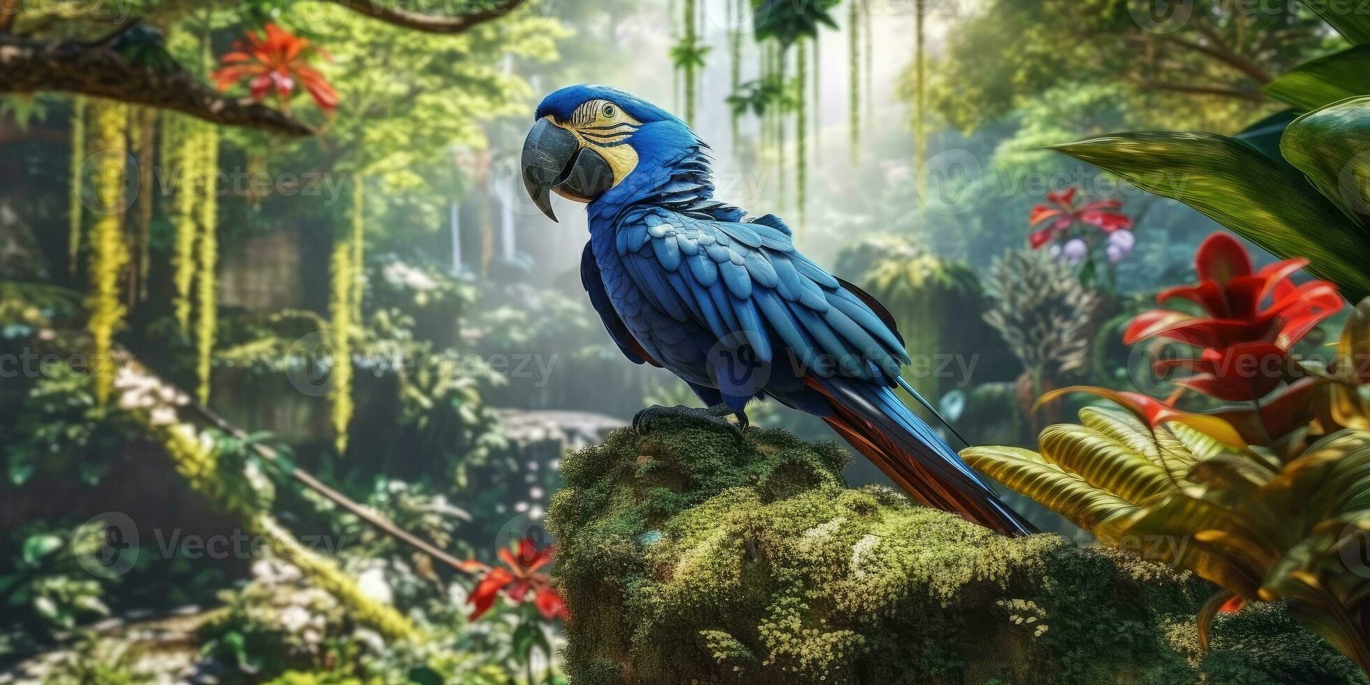 Blue macaw, parrot on a branch close-up. Generative AI photo