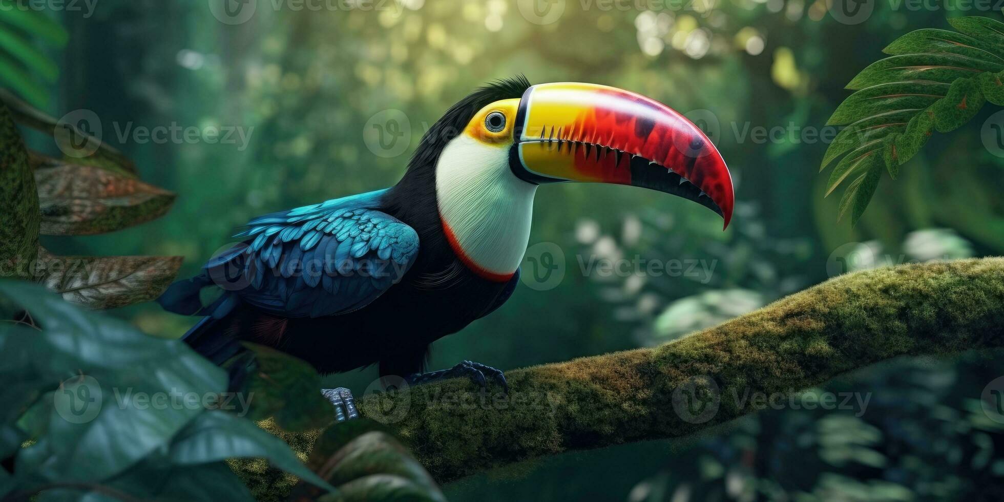 Bright colorful image of a toucan in the jungle. Exotic birds. Generative AI photo
