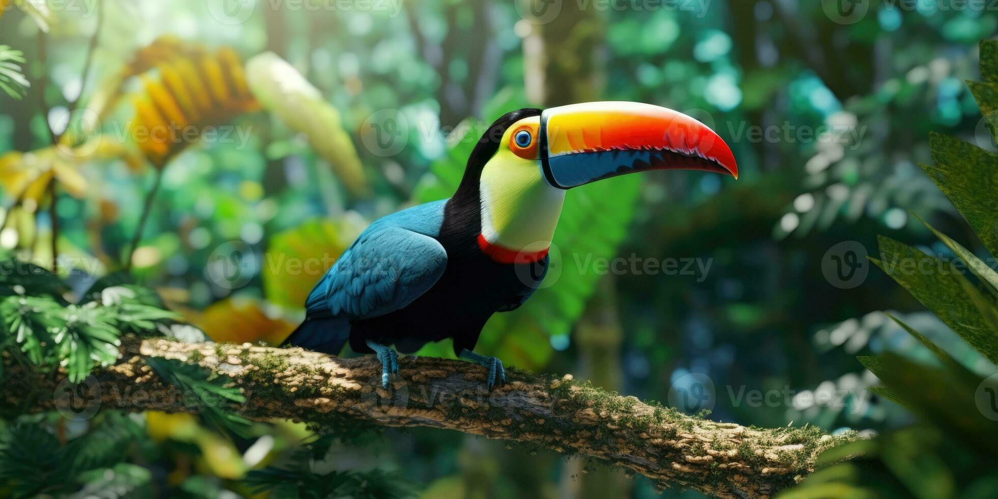 Bright colorful image of a toucan in the jungle. Exotic birds. Generative AI photo