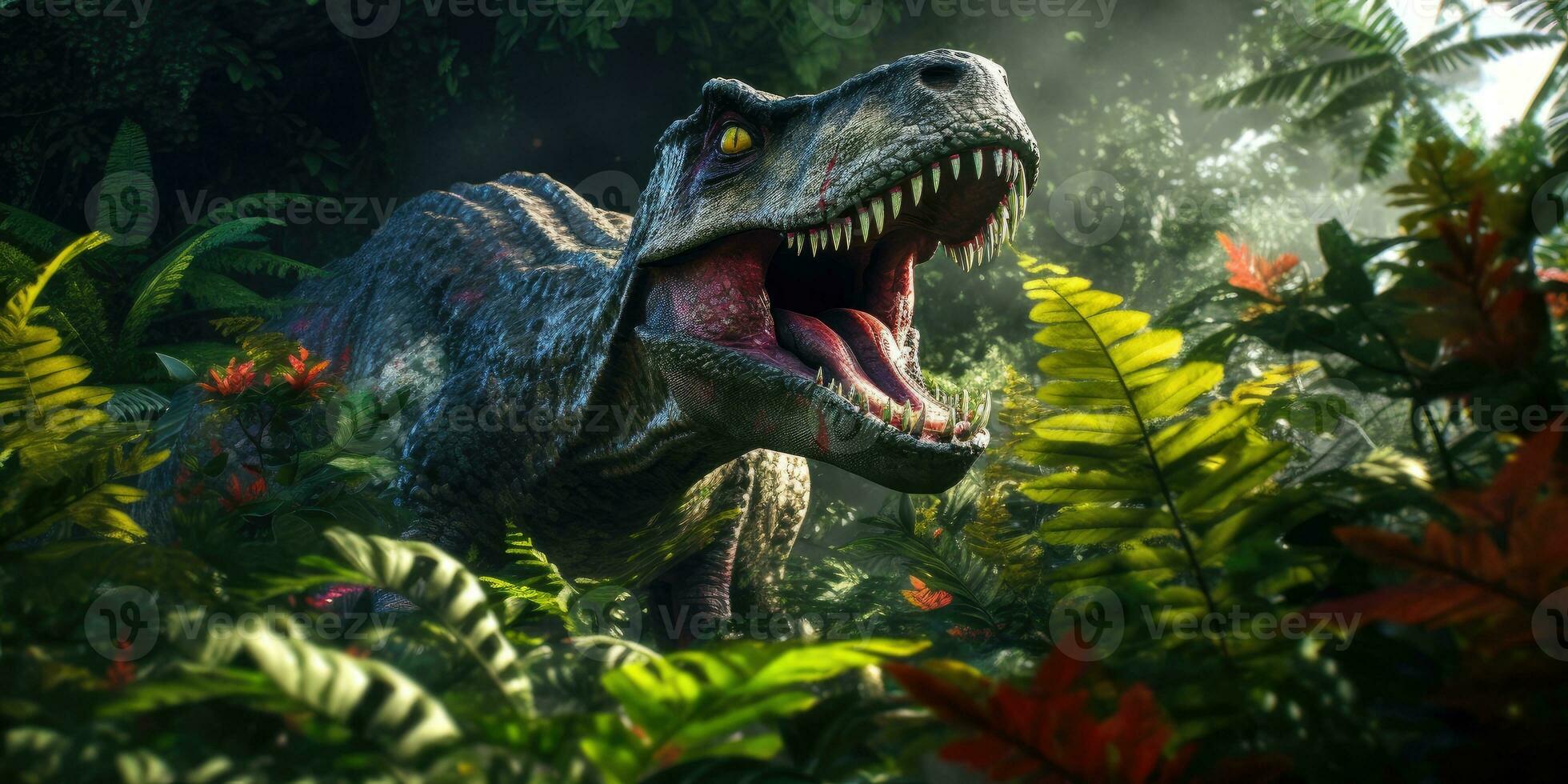 Fantasy image of tyrannosaurus in the jungle. Fantastic. High quality illustration. Generative AI photo