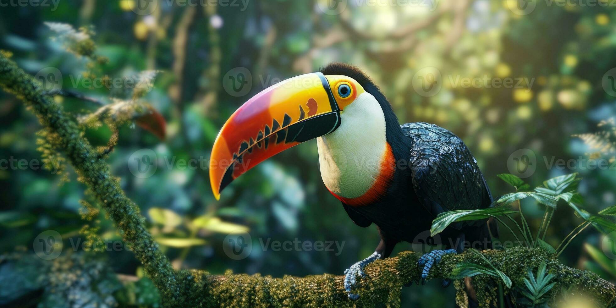 Bright colorful image of a toucan in the jungle. Exotic birds. Generative AI photo