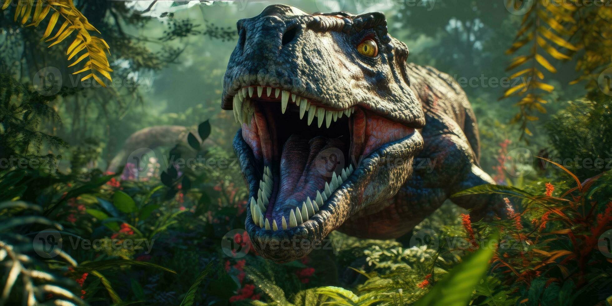 Fantasy image of tyrannosaurus in the jungle. Fantastic. High quality illustration. Generative AI photo