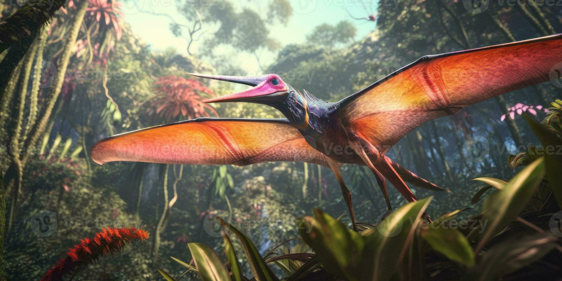 Bright Image of a pterasaur jungle. Fantasy world. Dinosaur. Generative AI photo