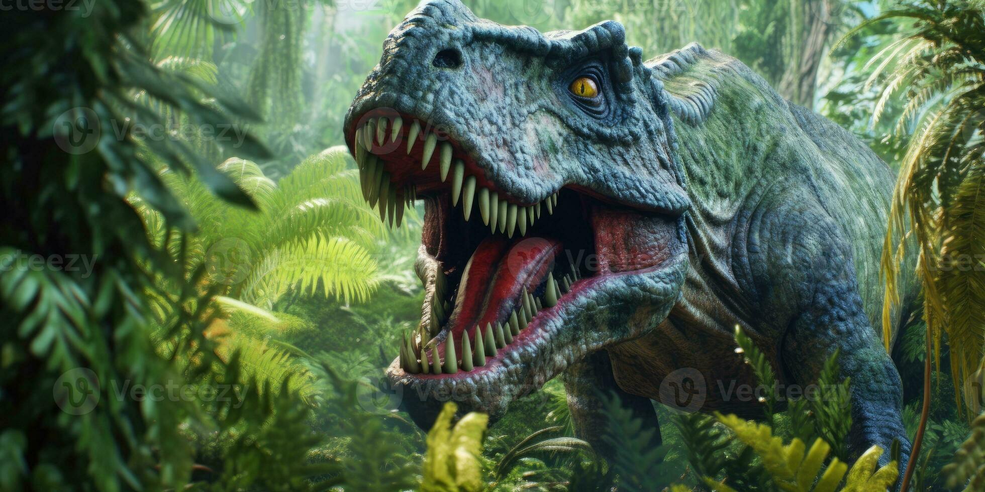 Fantasy image of tyrannosaurus in the jungle. Fantastic. High quality illustration. Generative AI photo