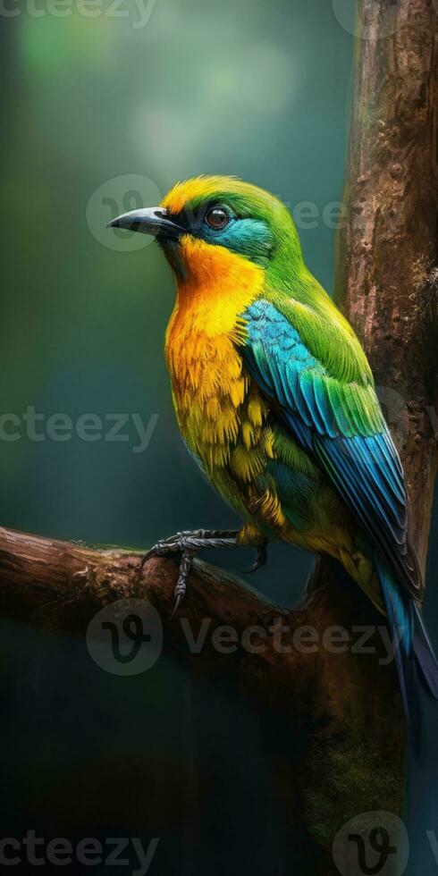 Bird green-headed oriole on a branch close-up. Generative AI photo